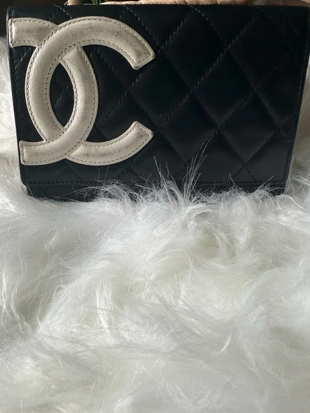 CHANEL Cambon Ligne Black Lambskin Long Wallet White CC Pink Interior